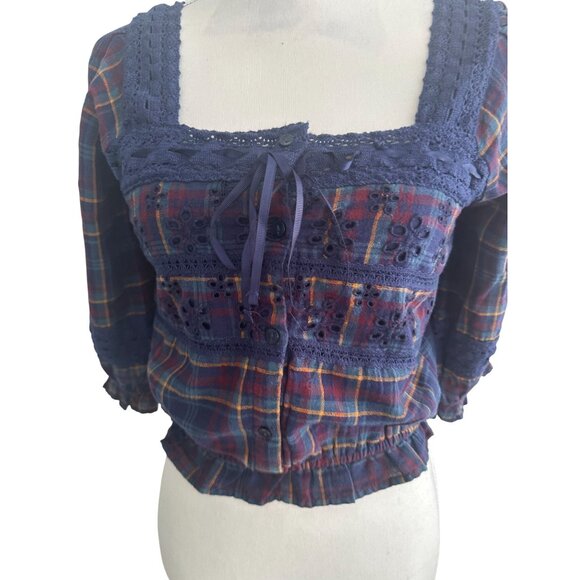 ABERCROMBIE & FITCH Navy Blue Plaid Peasant Top Size Small NEW NWT - Picture 4 of 6